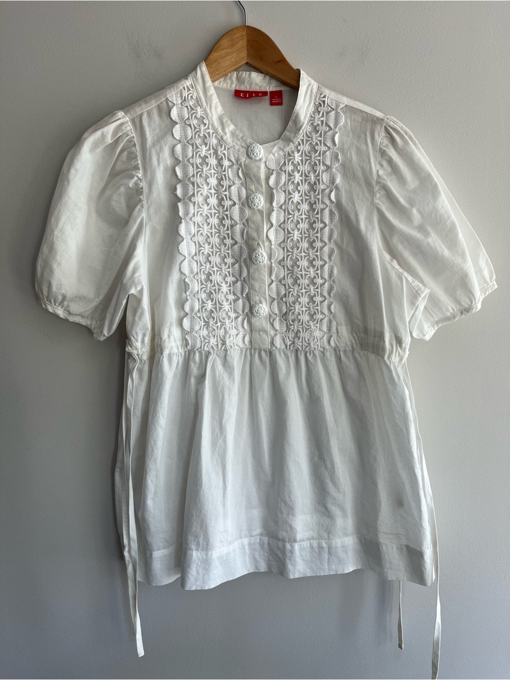Elle White Lace Bib Puff Sleeves Baby Doll Top Large